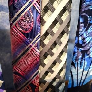 3 Assorted Silk Ties & 5 Flower Lapel Pins